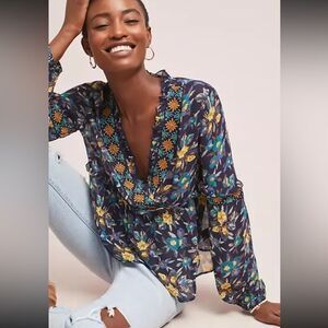 Meadow Rue Strasser Embroidered Peasant Blouse Small Blue Anthropologie XXS